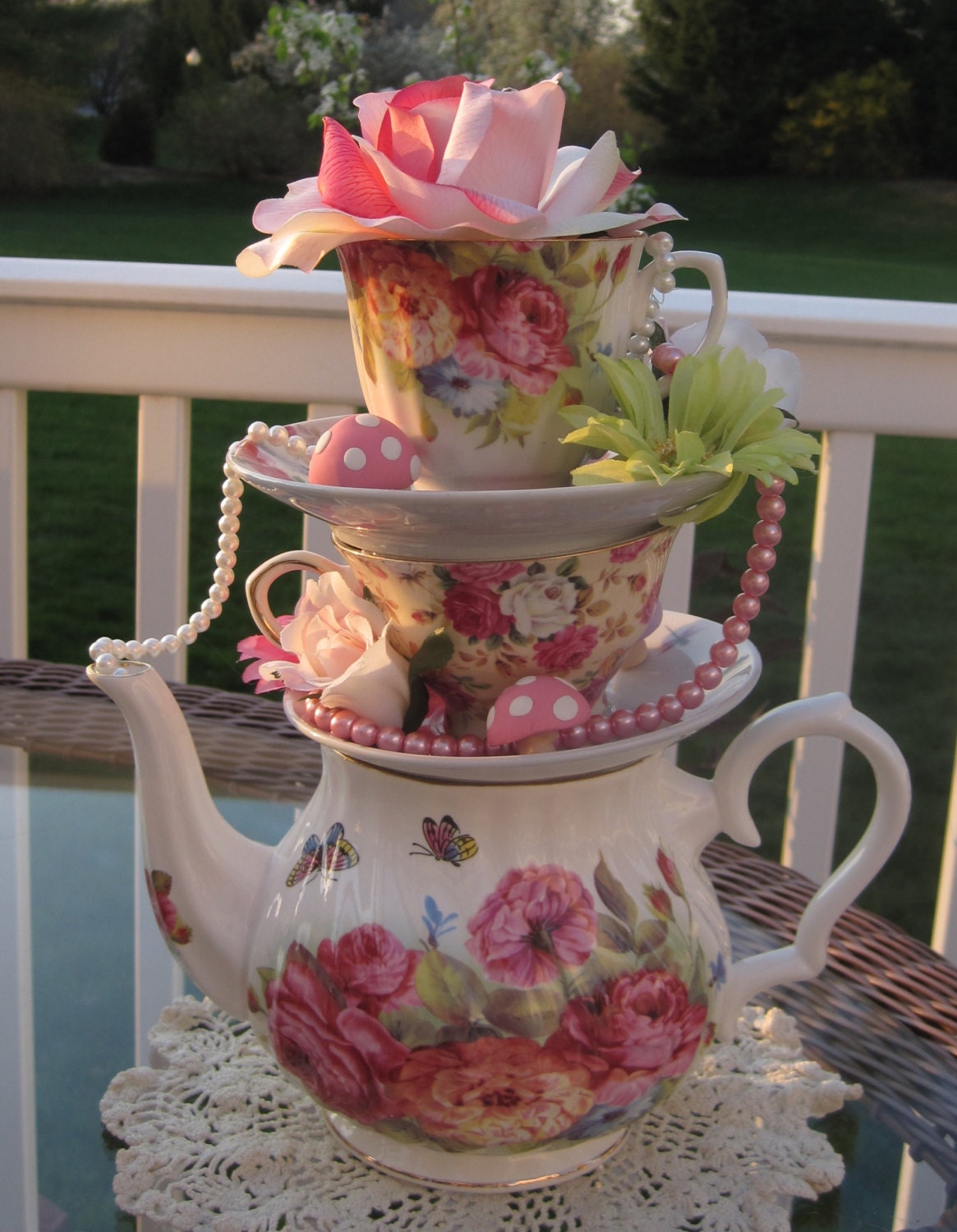 Stacked Floral Teapot Teacup Centerpiece With By EdieSChicCrafts