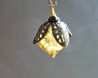 Honey amber glass dandelion necklace / Dandelion pendant / Botanical floral terrarium jewelry Nature wedding bridesmaids gift idea for her