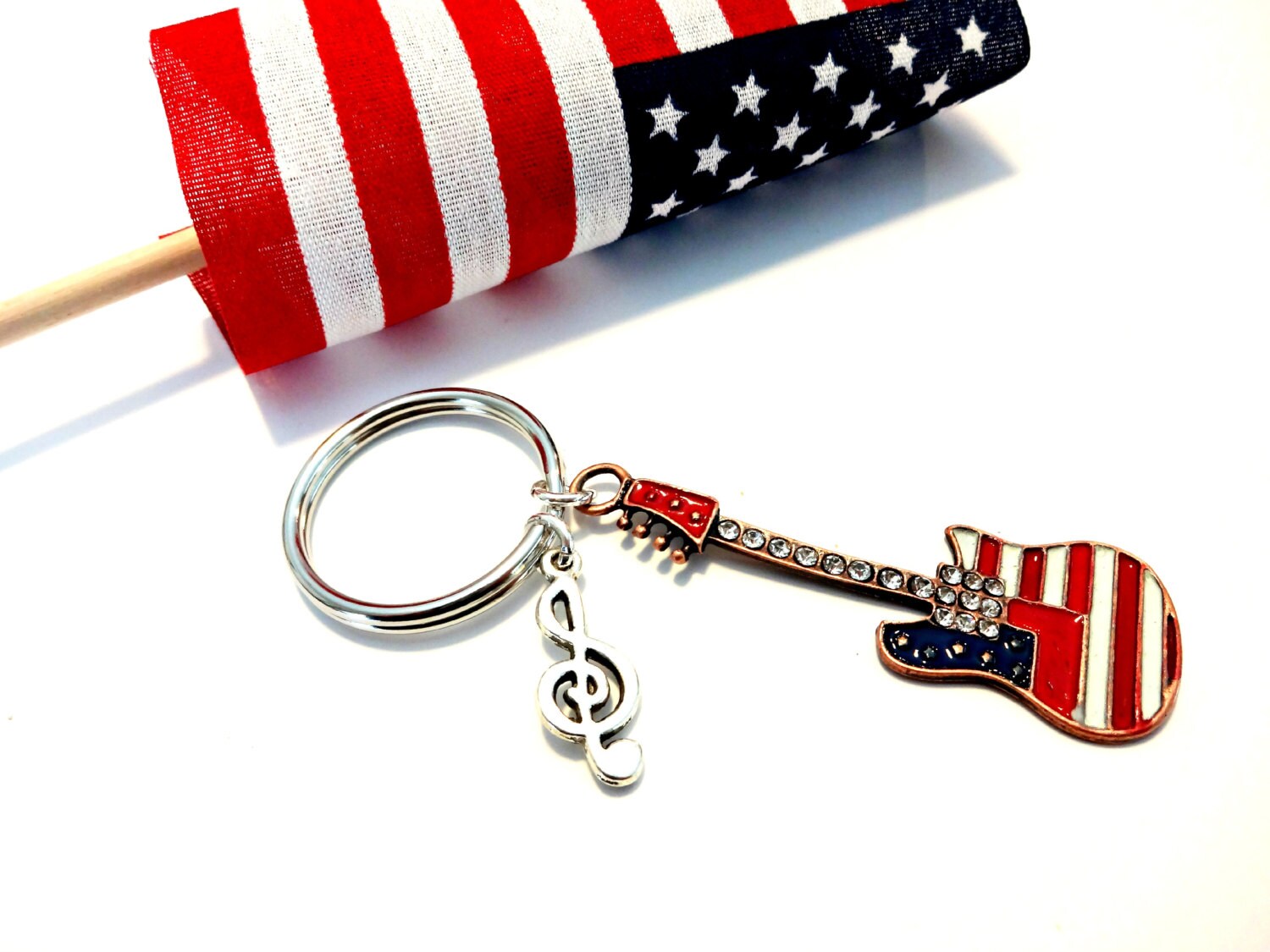 Guitar Keychain Patriotic Key Chain Red White and Blue