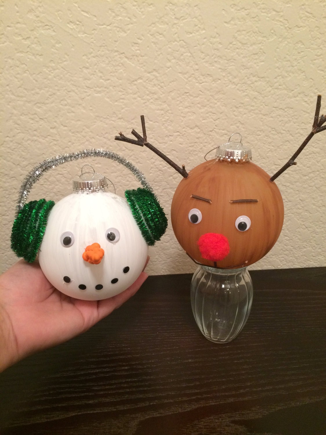 Fun Christmas and Holiday Ornaments / Frosty the Snowman Decor / Rudolph red nosed Reindeer / Xmas Holiday Decoration / Childrens Ornaments