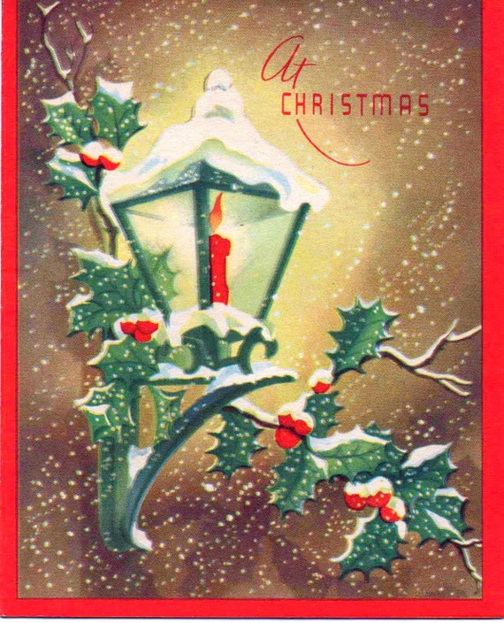 c1960s Christmas Card Lantern with candle & Holly by VintageNEJunk