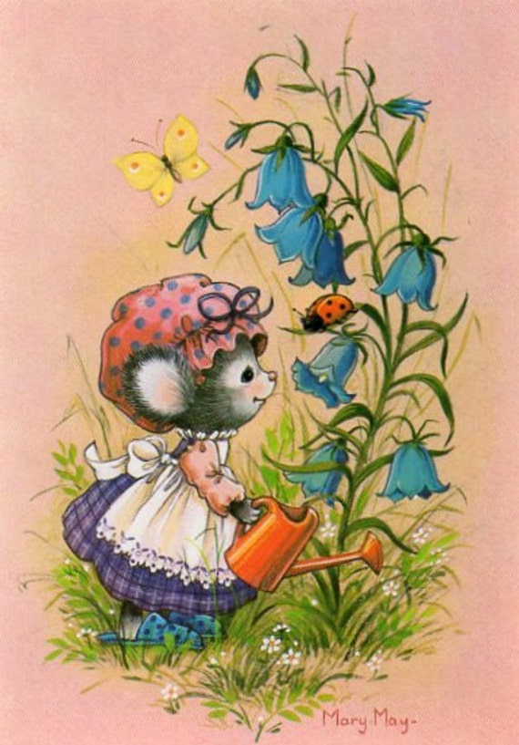 Vintage Postcard 70s With Cute Mouse Mary May Whimsical Art Canvas Painting Designs Mouse Illustration
