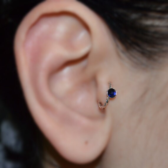 Tragus Earring - Silver Nose Piercing - Helix Ring - Sapphire Tragus Hoop - Daith Piercing - Cartilage Ring - Rook Jewelry - Nose Ring 16g