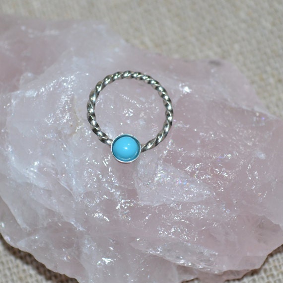 Turquoise Nipple Ring - Silver Septum Ring - Tragus Piercing - Septum Piercing - Nipple Jewelry - Conch Jewelry - Cartilage Ring 18 gauge