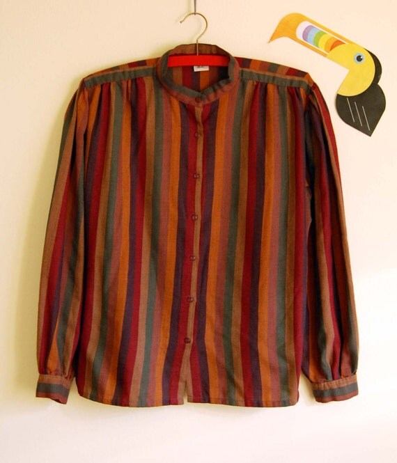 Vintage Striped Shirt in Jewel Tones with Mandarin Collar size
