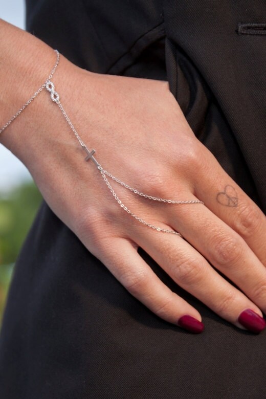 Hand Chain Bracelet, Infinity With Cross, Silver Slave Bracelet, Finger