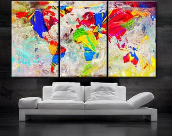 LARGE 30"x 60" 3 Panels Art Canvas Print Oil Watercolor Mixed Texture Original World Map pastels Wall Home decor interior(framed 1.5" depth)