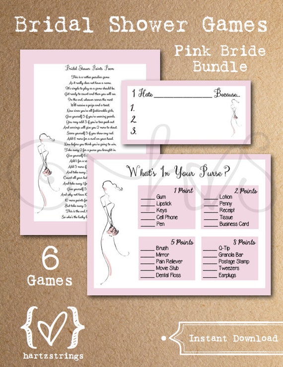 Bridal Shower 6 Game Bundle Pink Bride Theme by hartzstrings Bridal Shower 6 Game Bundle Pink Bride Theme by hartzstrings