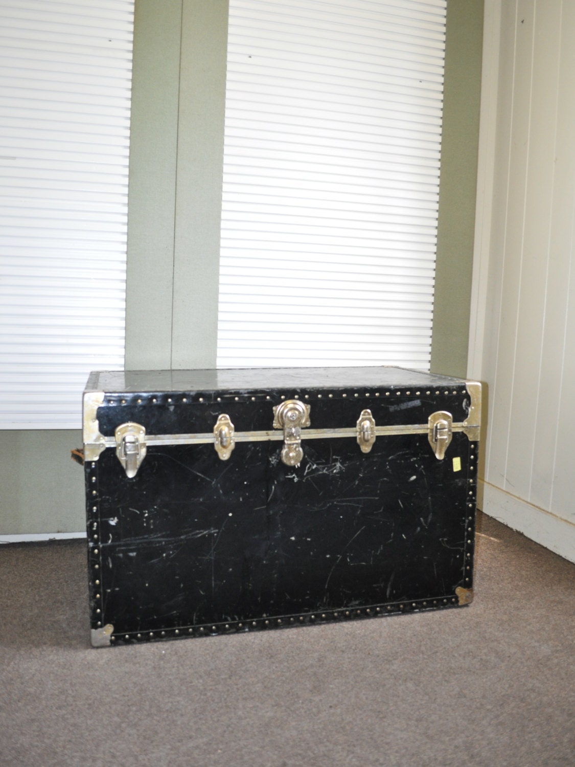 Vintage Wood and Metal Large Black Trunk with BrassColored Accents