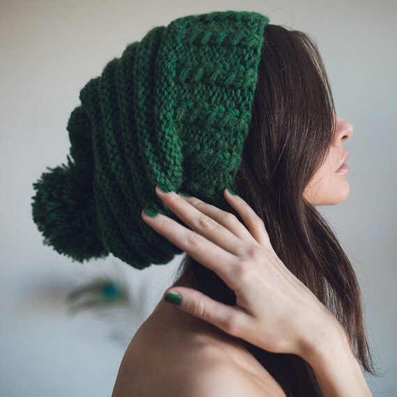 beanie pom etsy pom Knit pom. Hand hat Pon Hand Green pom Beanie. knit pon with Slouchy