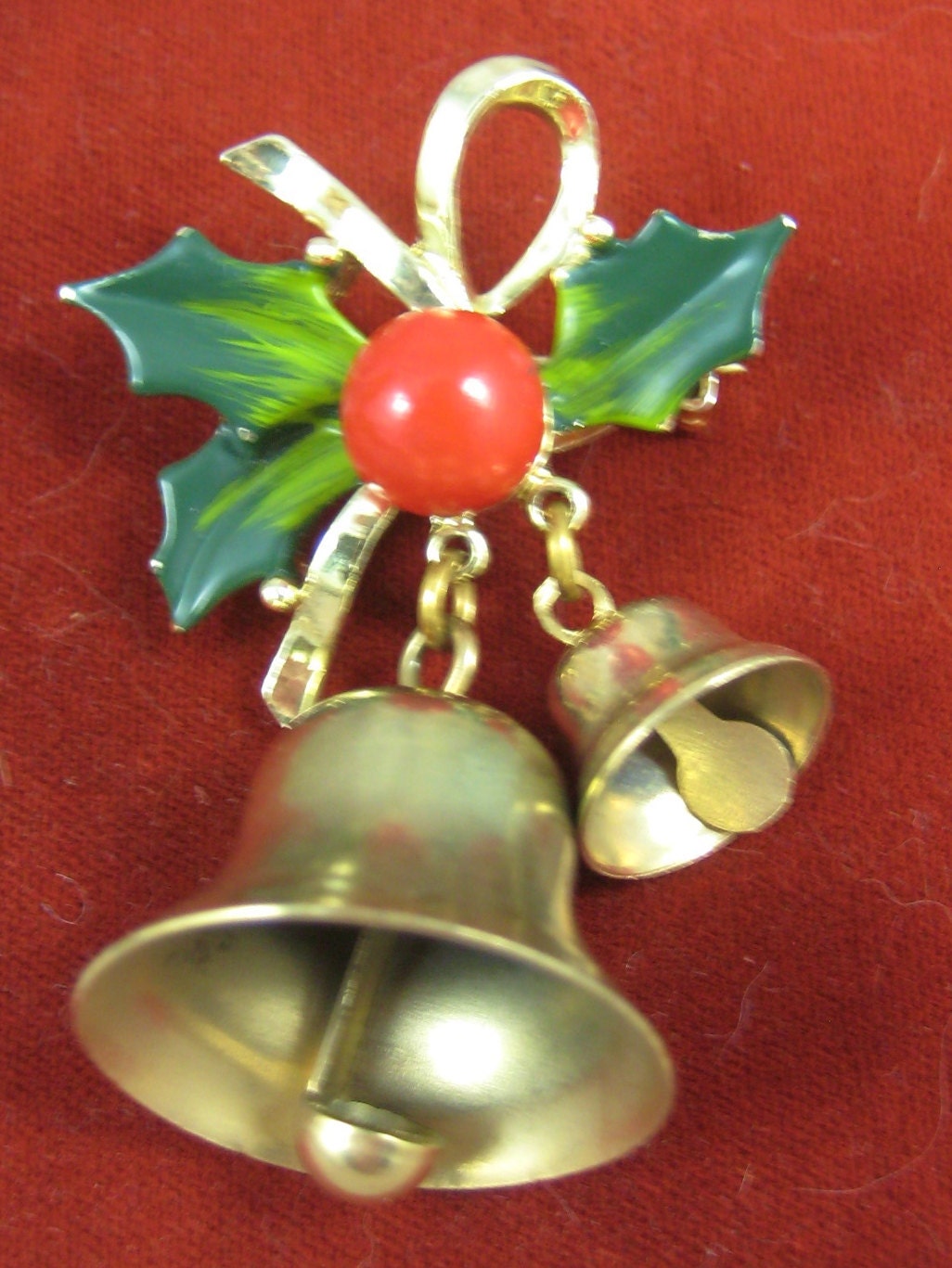 Vintage Christmas Brooch JINGLE BELLS and HOLLY Pin Broach