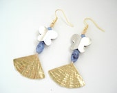 Handmade Earrings-Long Dangle Contemporary Earrings-Blue and Gold Earrings-Hand Hammered Gold Bronze Earrings-Unique Jewelry