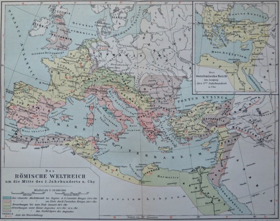 Roman empire map in the 2nd century. Maps. Old book plate