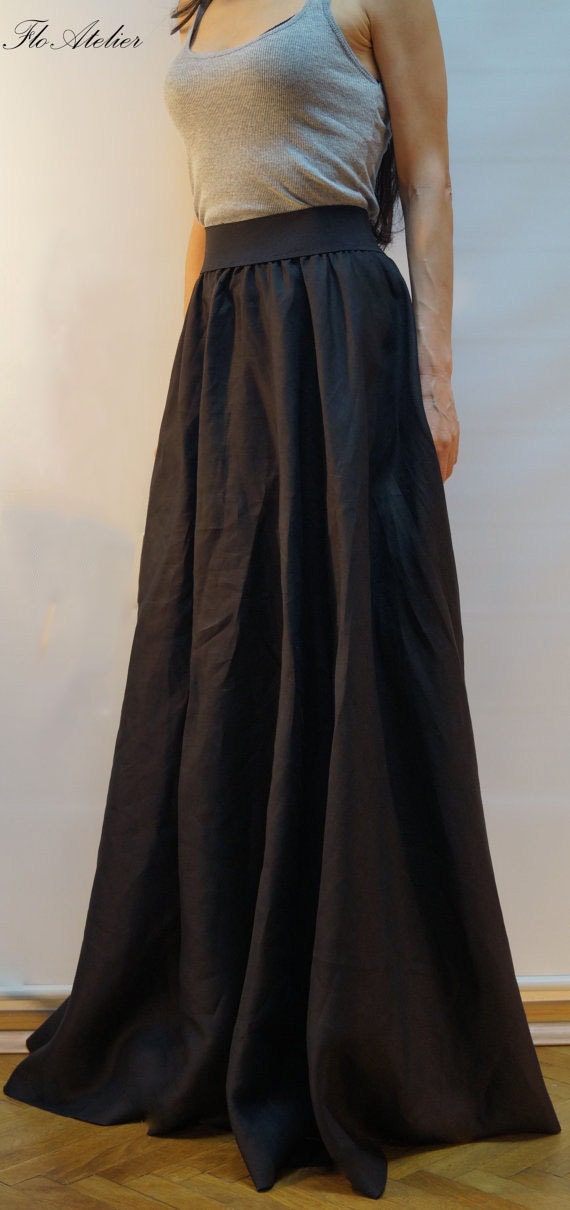 Long Loose Linen Skirt/Summer Maxi Skirt/Black by FloAtelier