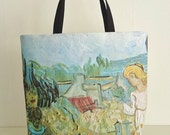 Printed tote bags, Van Gogh painting "Mademoiselle Gachet in the garden", trendy canvas tote bags, hand made beach tote, handbag for women.