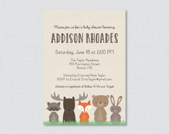 Woodland Baby Shower Invitation Printable OR Printed - Woodland Baby Shower Invites with Fox, Moose, Rabbit, Raccoon, Bear -  Woodland 0010