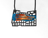 Necklace, contemporary, modern jewelry design, FREE Shipping, handmade, lasercut wood, polymer clay, leather cord, silver plated closures