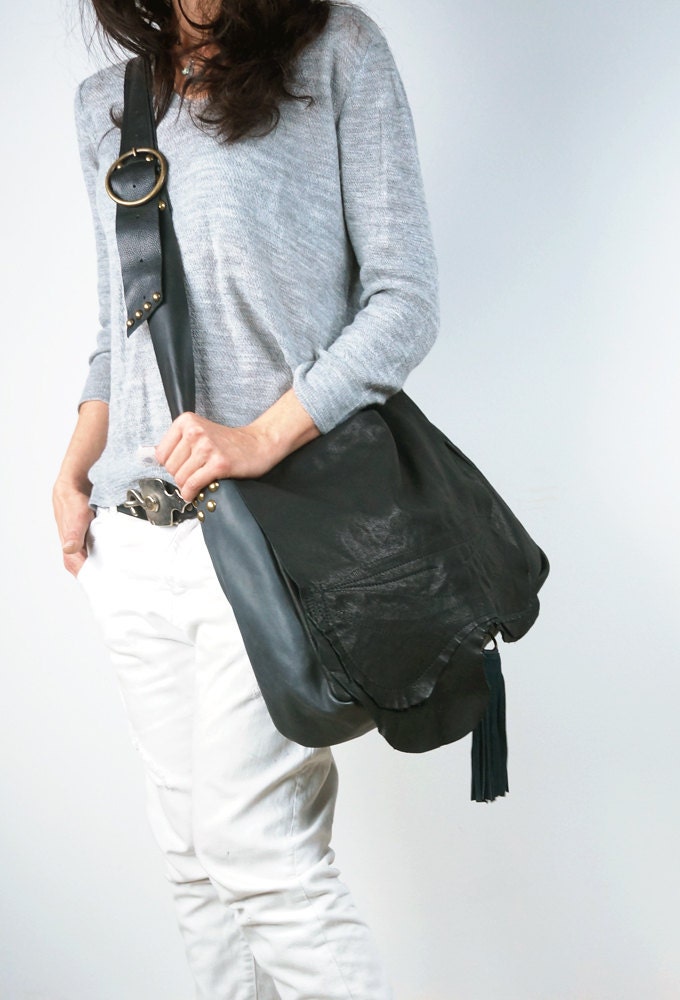 Large Crossbody Bag Black Leather with Raw Edge Front