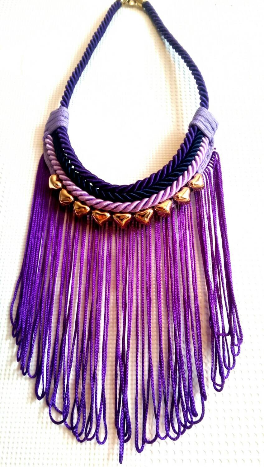 Purple Necklace, Rope Necklace, Tassels Necklace, Heart Beads Necklace ...