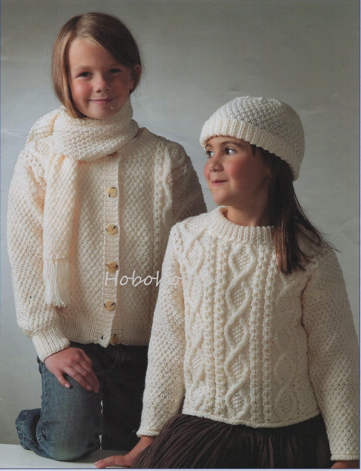 Baby Childs childrens Aran Sweater Cardigan Hat Scarf knitting