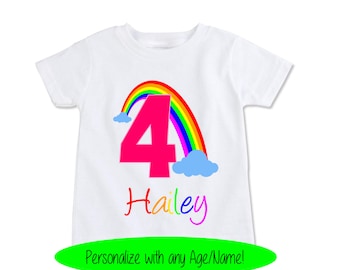 Girls Rainbow birthday shirt Custom Kids Name and age t shirts, Personalized Toddler spring or summer tops, Granddaughter gift (EX 327)