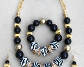 Gold Stripes- Handmade Ladies Jewelry Set- 3 Piece Necklace, Bracelet,& Earrings-Handcrafted-Glass Beadwork-Jewellry-Trending-Treasury-Gifts