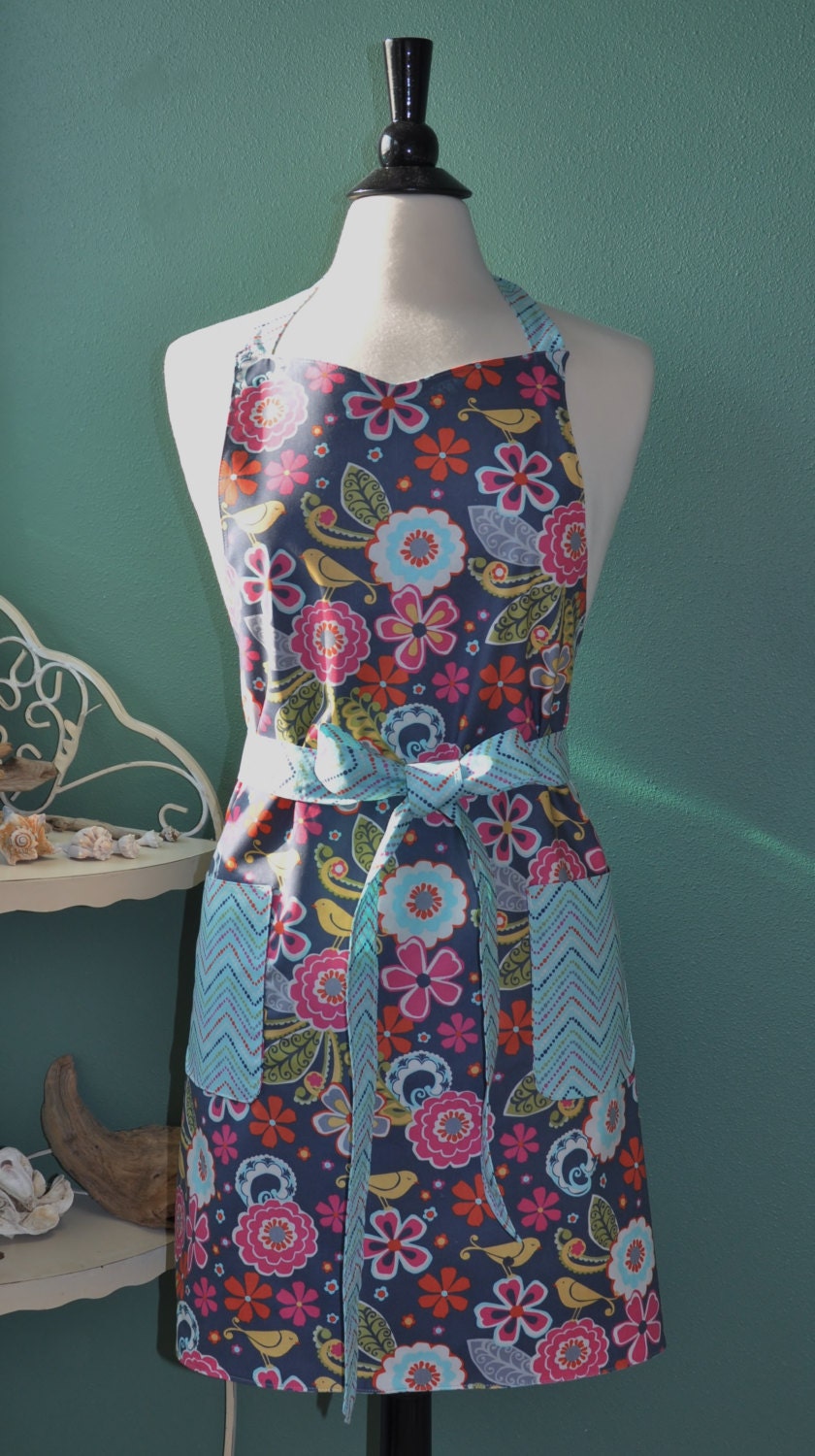 Apron with artsy flowers and birds Reversible by MooKieBmakes