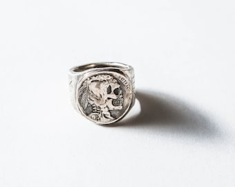 Hobo Nickel Brave, Biker Ring, Men's Ring, Gifts for Him, Mixed Metal ring, Signet Ring, Mexican Souvenir Ring, Fathers Day, Vintage