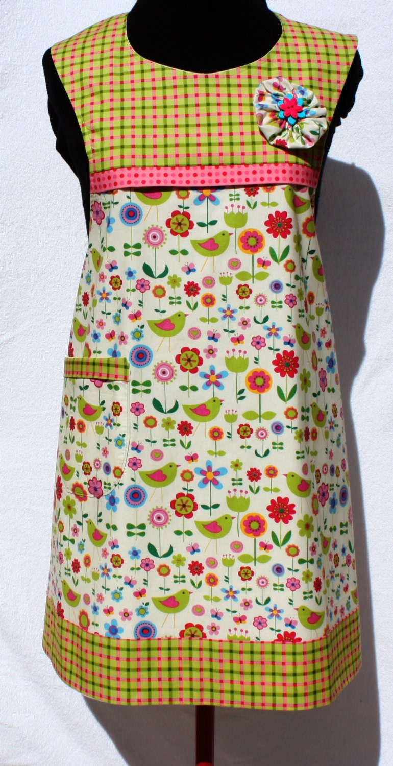 No Tie Apron in Birds and Flowers Print Size Small