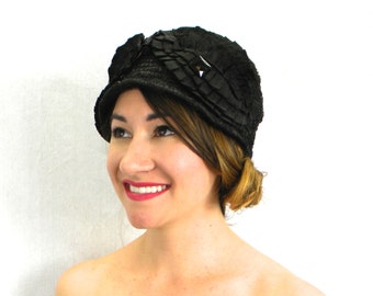 20s Black Cloche Hat | Pleated Ribbon Hat