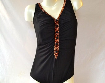 Vintage 80s era Black One Piece Robby Len Bathing Suit / Leopard Print Piping / Lined