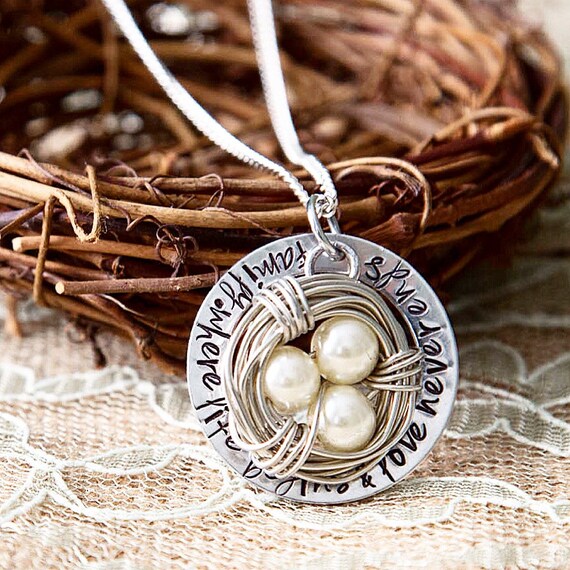 Wire Wrapped Handstamped Birdsnest NecklaceFamily NecklaceMother's