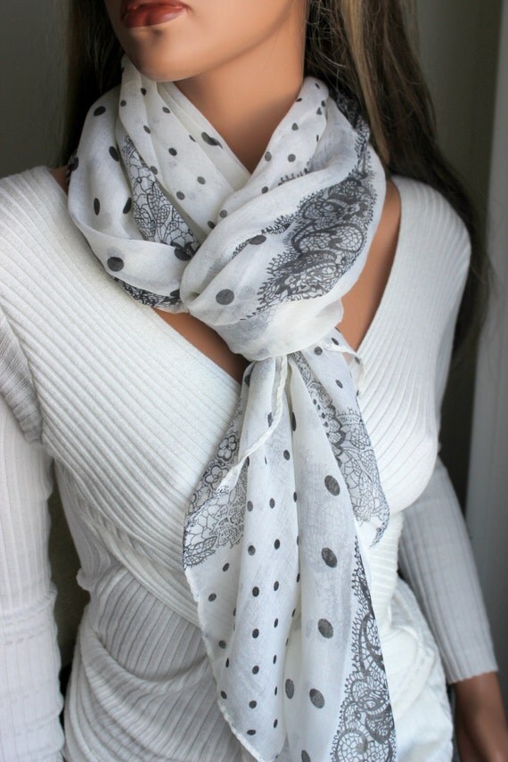 White Scarf Women Girls Black Polka Dots Scarves by Loganelenas