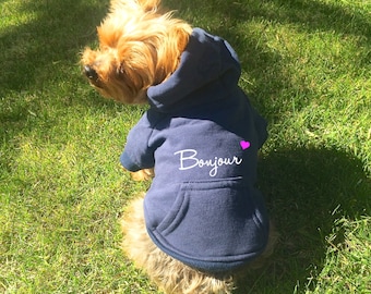 Bonjour Dog Hoodie. Navy Blue Dog Sweatshirt w/ White Text & Pink Heart. Cute Dog Clothes. Custom Dog Apparel. French-Themed Dog Clothes.
