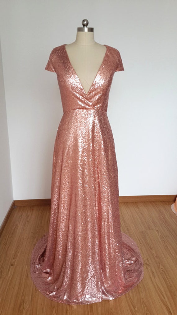 2019 Sexy V neck Cap Sleeves Rose  Gold  Sequin Long Prom  Dress 