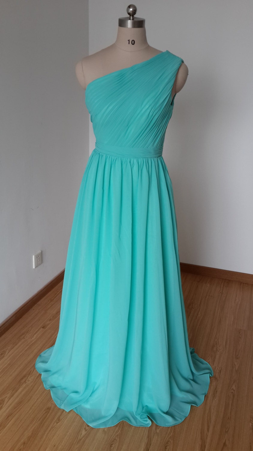 2019 One shoulder Turquoise  Chiffon Long Bridesmaid  Dress 