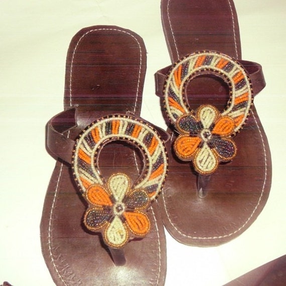 Handmade African Kenyan Leather Beads Sandals Flip-Flops
