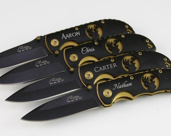 Groomsmen Gifts 1 Personalized Custom Engraved Pocket Knife Rescue Knife Groomsmen Knives Engraved Knives Black Gold Deer Knives - KFE002