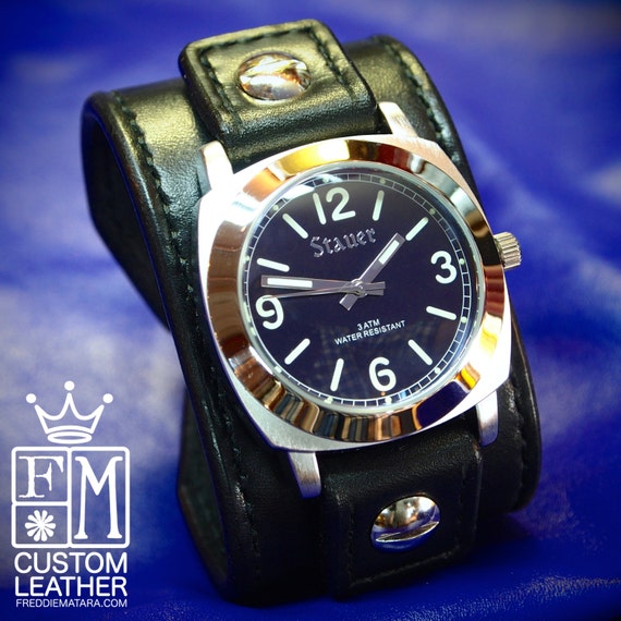 Leather cuff watch Black bridle leather handstitched watch band Bracelet Bold and beautiful Handmade for YOU in NYC by Freddie Matara