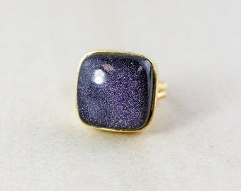Cushion Midnight Blue Sunstone Ring - Statement Ring