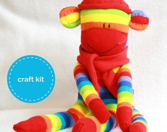 Sock Monkey Kit - Red Rainbow Stripes, Craft Kit, Stuffed Animal, Teens