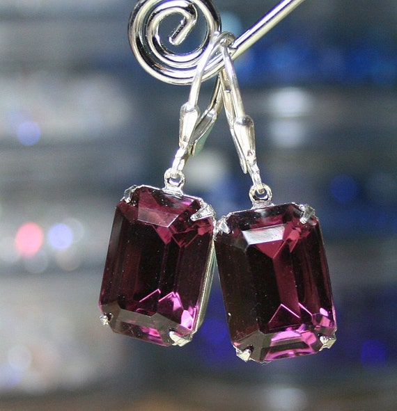 SALE Emerald Cut Crystal Earrings in Amethyst Purple