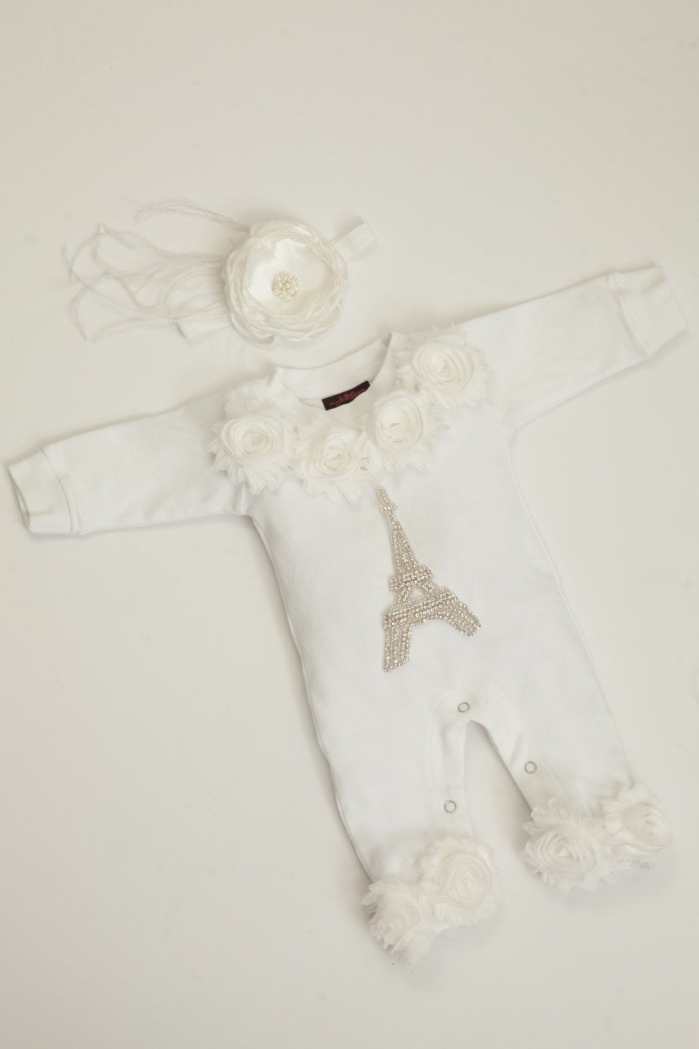 Infant Baby Layette White Cotton Baby Romper Rhinestone Eiffel