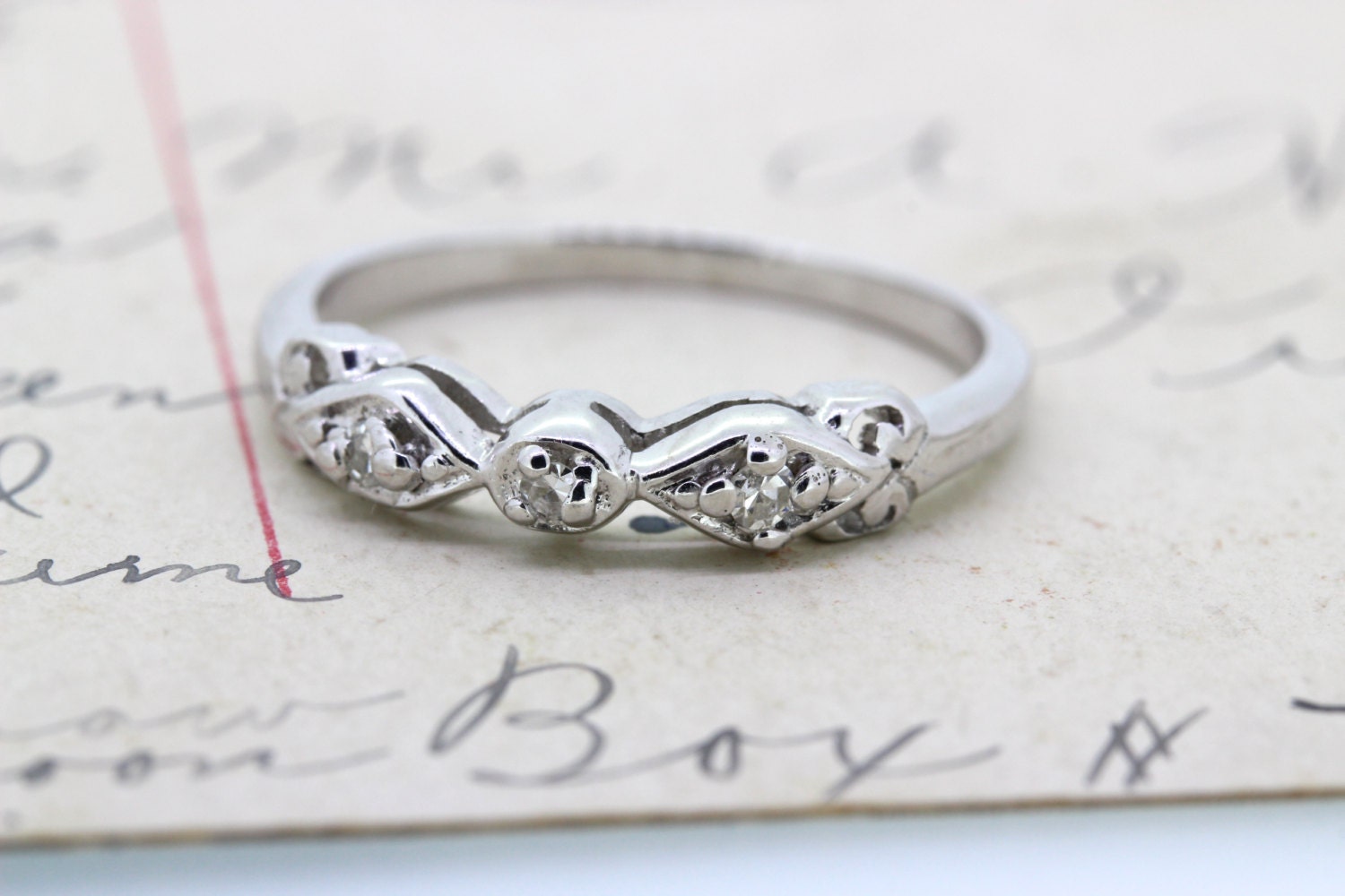 Dainty Wedding Band Vintage Wedding Ring 14k White Gold