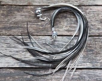 Very long earrings Black and White earrings, long feather earrings wedding earrings, hippie wedding, tribal jewelry