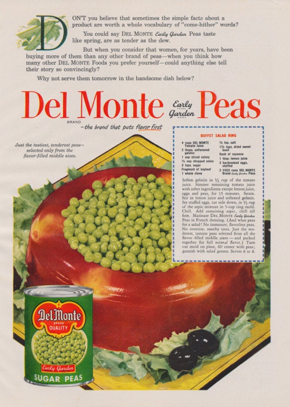 1950s Del Monte Canned Peas Ad Buffet Salad Ring Recipe Food