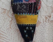 Antique Victorian Crazy Quilt Heart with handpainted horseshoe and forget-me-nots - from salvaged piece of quilt - READY TO SHIP