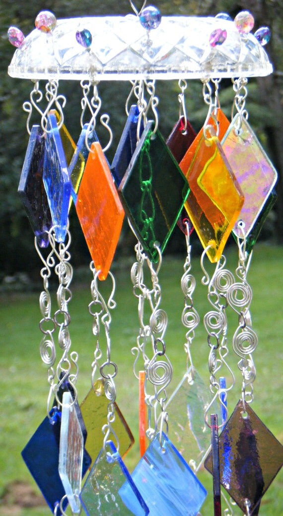 Handmade Rainbow Colored Stained Glass Wind Chimes Handmade Rainbow Colored Stained Glass Wind Chimes Handcrafted Wire Spirals Chain And Hooks