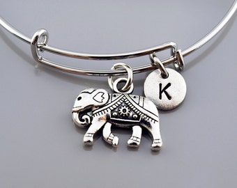 Elephant Bangle, Ornate elephant charm bracelet, Elephant charm jewelry, Expandable bangle, Personalized bracelet, Initial bracelet