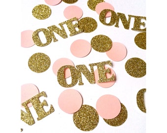 Gold and Pink Birthday confetti, pink and gold confetti, 1st birthday, glitter one confetti, party decoration, 1st birthday- 50 total pieces